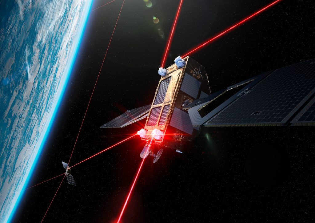 Laserschnelle Kommunikation zwischen Satelliten - Animation und Copyright Mynaric AG
